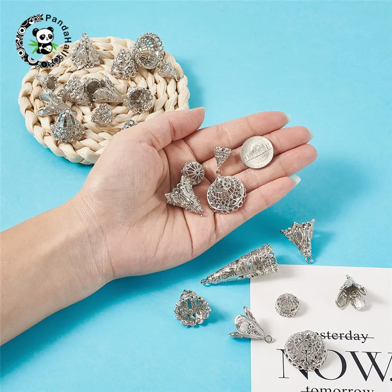 

pandahall 16pcs/Set Alloy Pendant Bail Rhinestone Settings Tassel Cap Bail for Jewelry Findings DIY Handmade Making Mixed Shapes