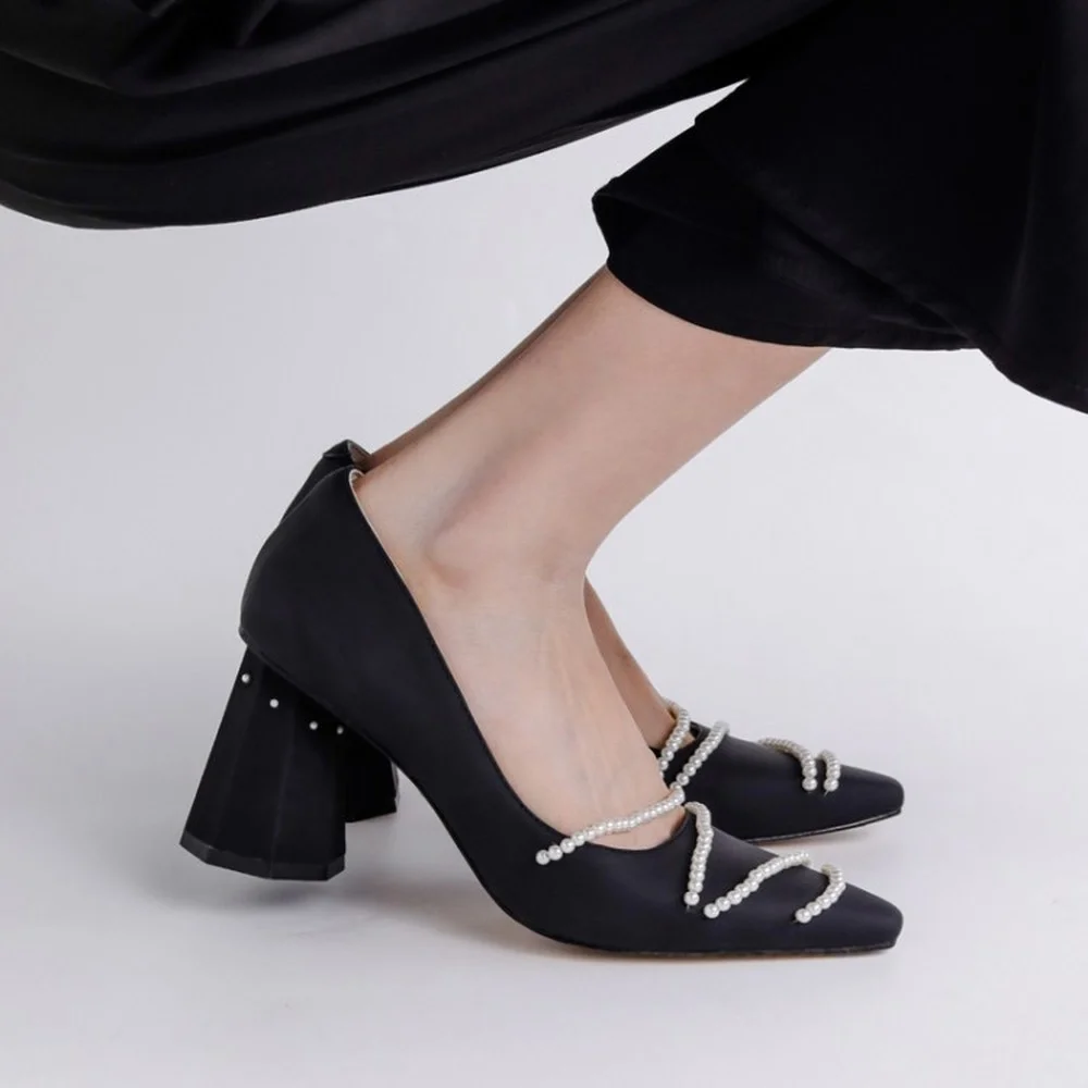 

Womens Pointed Toe Pearls Genuine Leather High Heel Pumps Shoes Luxury Party Black White