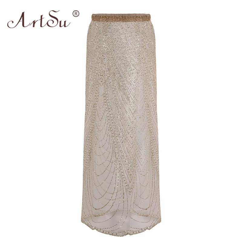 

ArtSu 2020 Beach Style Sexy High Split Women Mesh Long Skirt Transparent Summer Skirts Silver Gold Sequin Maxi Skirt Club