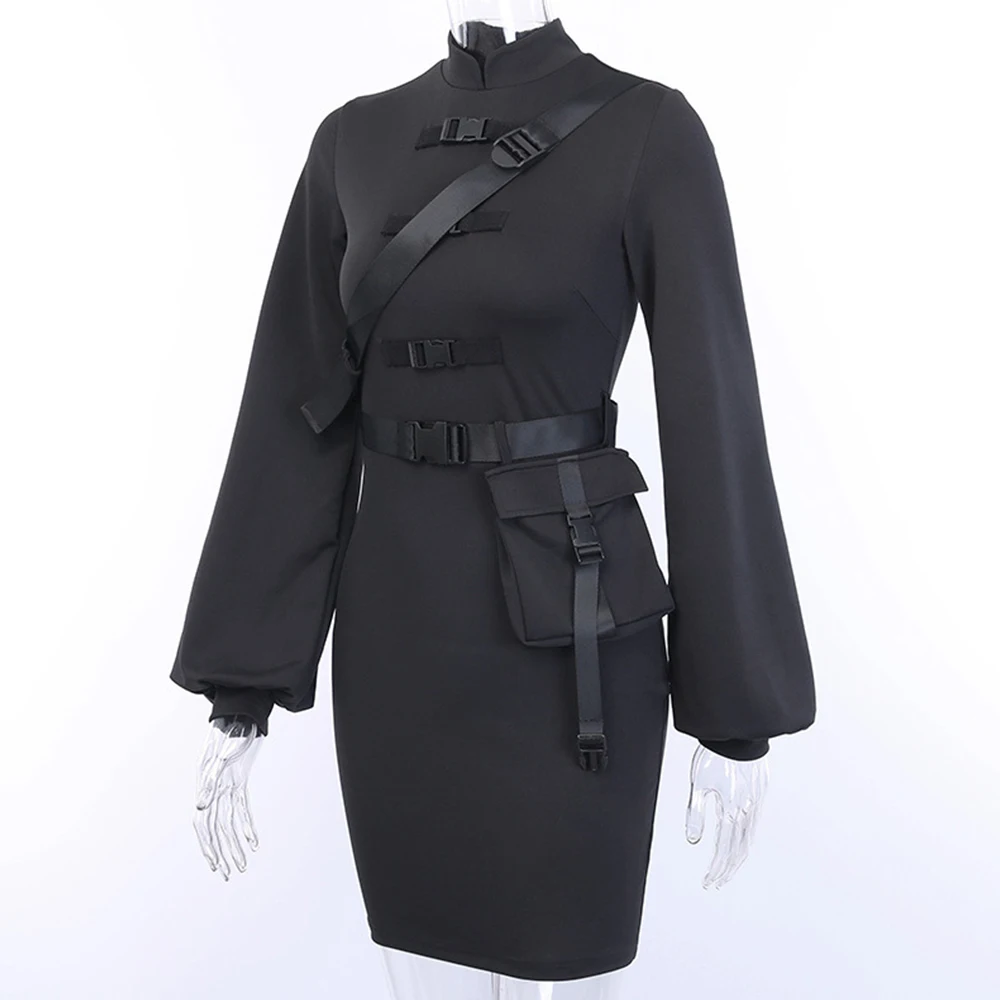 

2021 Spring Short Bandage Dress Women Buckle Belt Long Sleeve Streetwear Black Mini Vestidos Casual Dresses