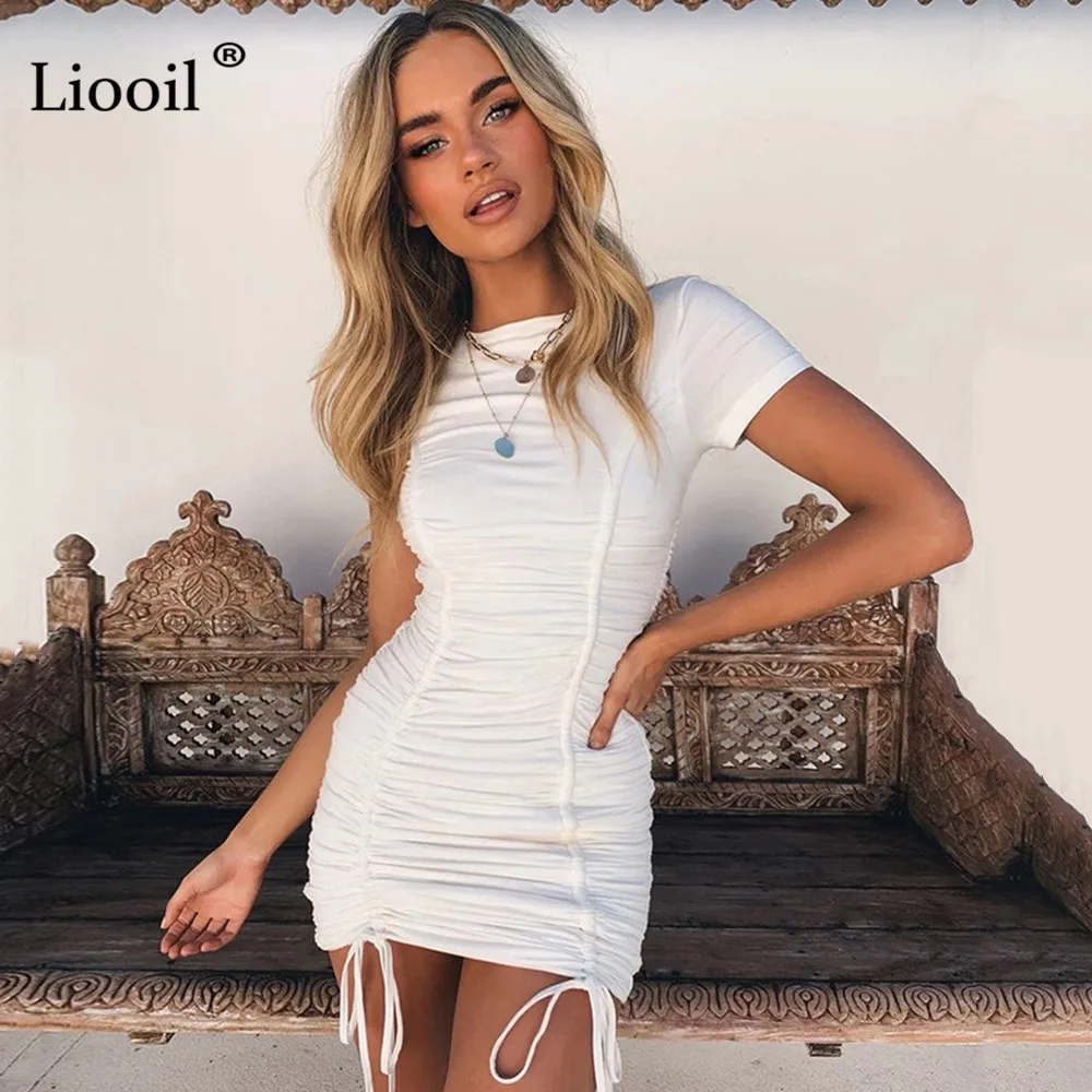 Liooil, сексуальное облегающее мини-платье с рюшами,, короткий рукав, о-образный вырез, черный, белый цвет, облегающие платья, женские вечерние платья для ночного клуба