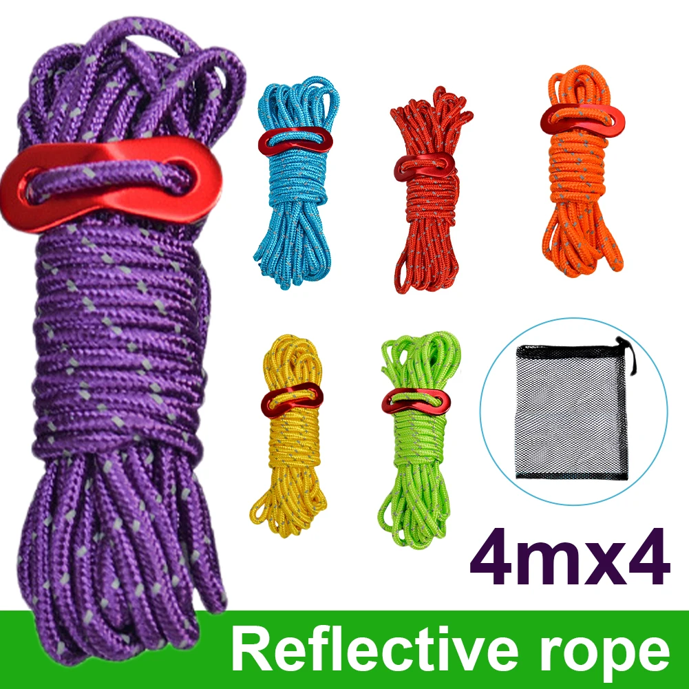 

4M*4 Multi-Purpose Reflective Guyline with Adjuster Durable Tent Cords Rope for Outdoors Camping Hiking Packing Glow at night