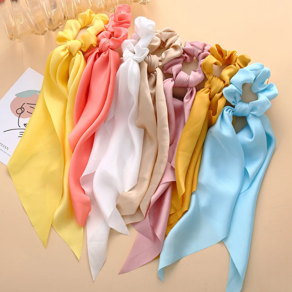 Модные Цветочный принт Scrunchies однотонные длинные волосы ленты для Женский
