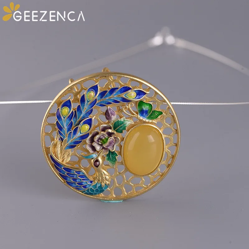 

GEEZENCA Vintage 925 Silver Enamel Peacock Peony Jade Jasper Amber Pendant For Women Luxury Ethnic Gemstone Pendants 2 In 1 Gift