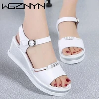 women wedge genuine leather sandals summer bead studded detail platform sandals buckle strap peep toe thick bottom casual shoes