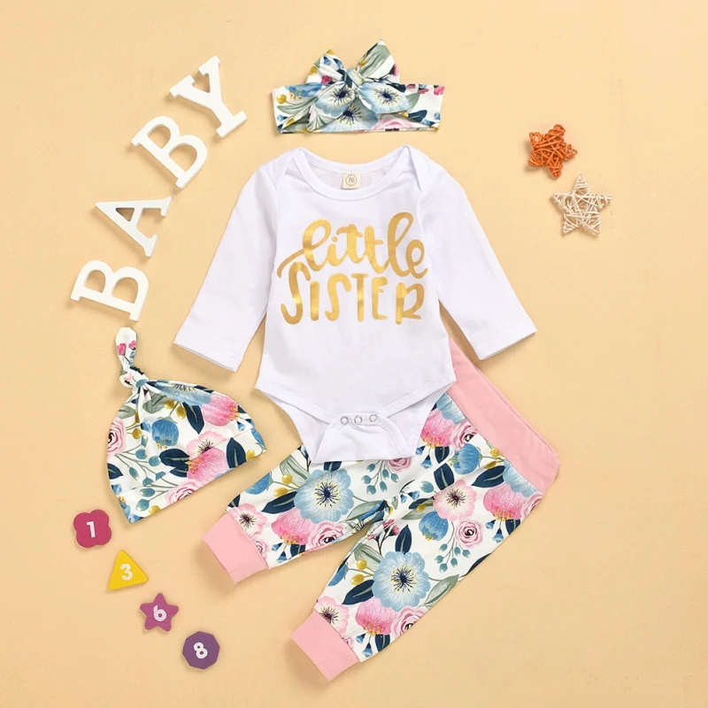 

4Pcs Newborn Baby Girl Clothes Set Autumn Long Sleeve Romper Tops Print Pants Headband Hat Suit Fashion Infant Clothing Outfits