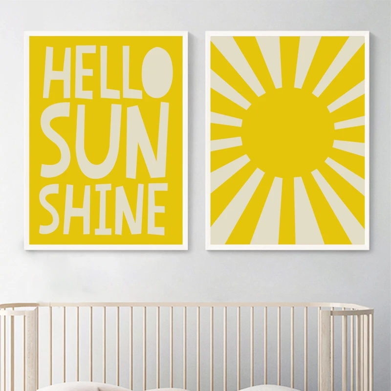 Постер для детской комнаты с принтом желтого цвета Hello Sun Shine Цитата настенная