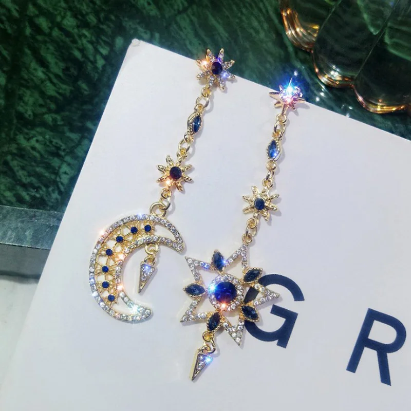NEW Shiny Rhinestone Asymmetric Earrings Temperament Long Five-Pointed Star Moon Personality Female Trend Korean | Украшения и