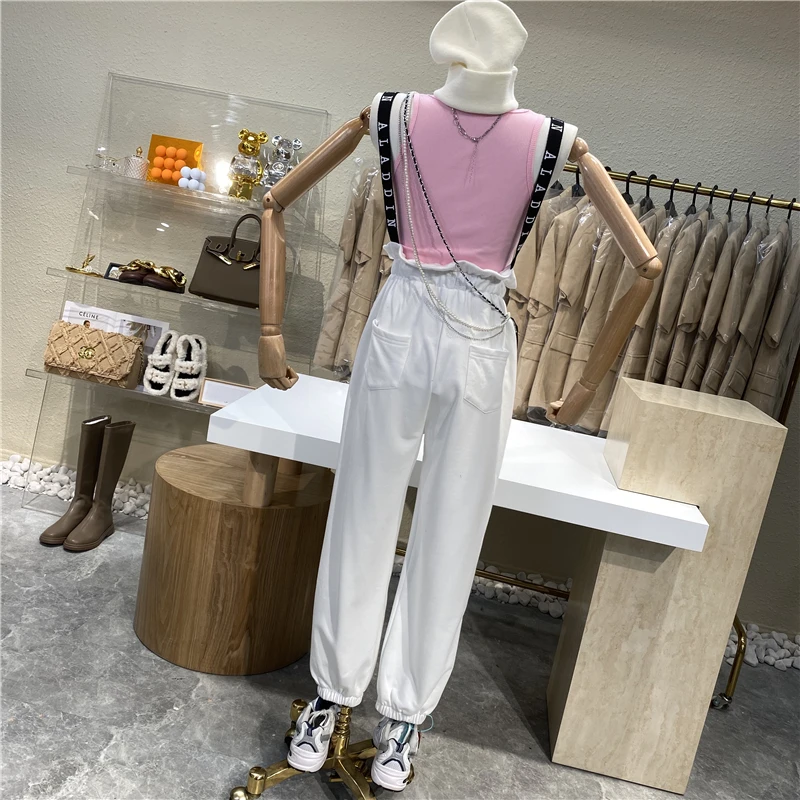 

Brand Original Design 2021 New Letter Suspenders Casual Pants College Wind Age Reduction Elastic High Waist Loose Jumpsuit