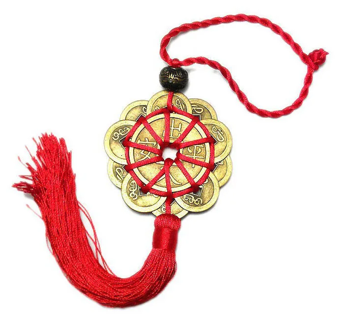 

10 Lucky Home Car Decor Red Chinese Knot FENG SHUI Set Charm Ancient I CHING Coins Prosperity Protection Good Fortune
