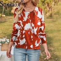2021 autumn new women o neck tie dye printing long sleeve t shirt ladies fashion vintage casual loose cotton blend pullover tops