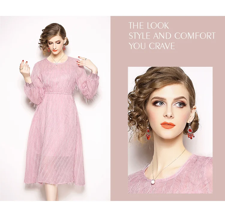 

Dresses Elegant Office Lady Fit and Flare Solid Full Sleeve Blue Tassel Knee-Length V-Neck Pink Party Dress Luxury 2019 Autumn