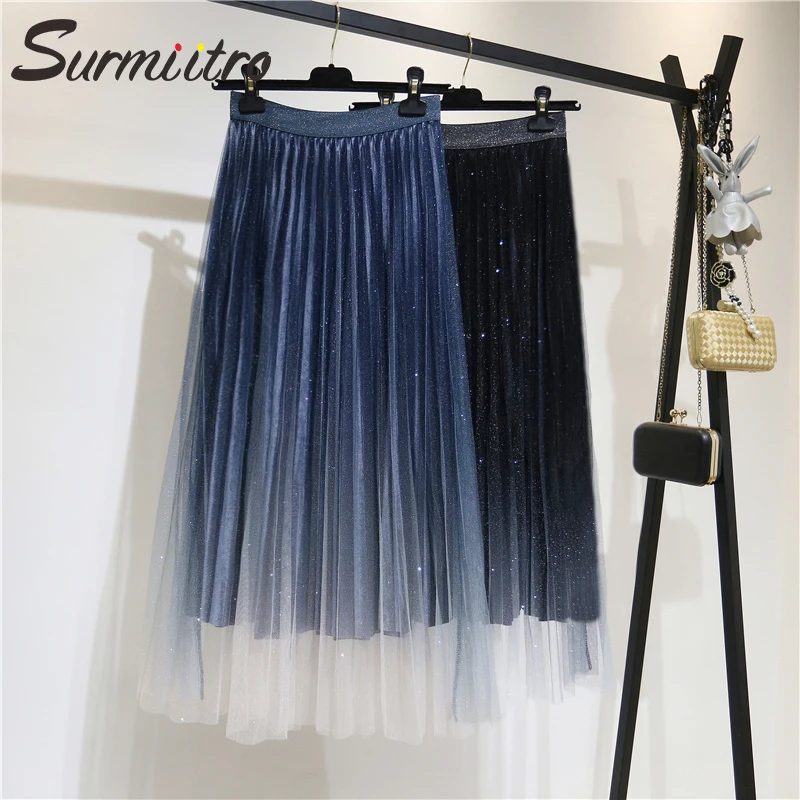 женская длинная юбка из тюля с бархатом SURMIITRO чёрно синего цвета Градиент