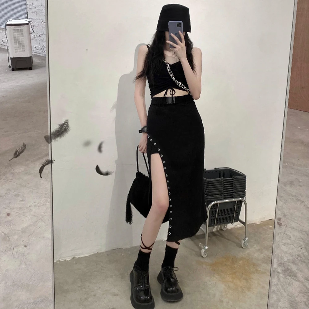 

Dark Icon Side Split Design Women's Skirt With Belt Summer Harajuku Fashion Dark Half Skirt For Female