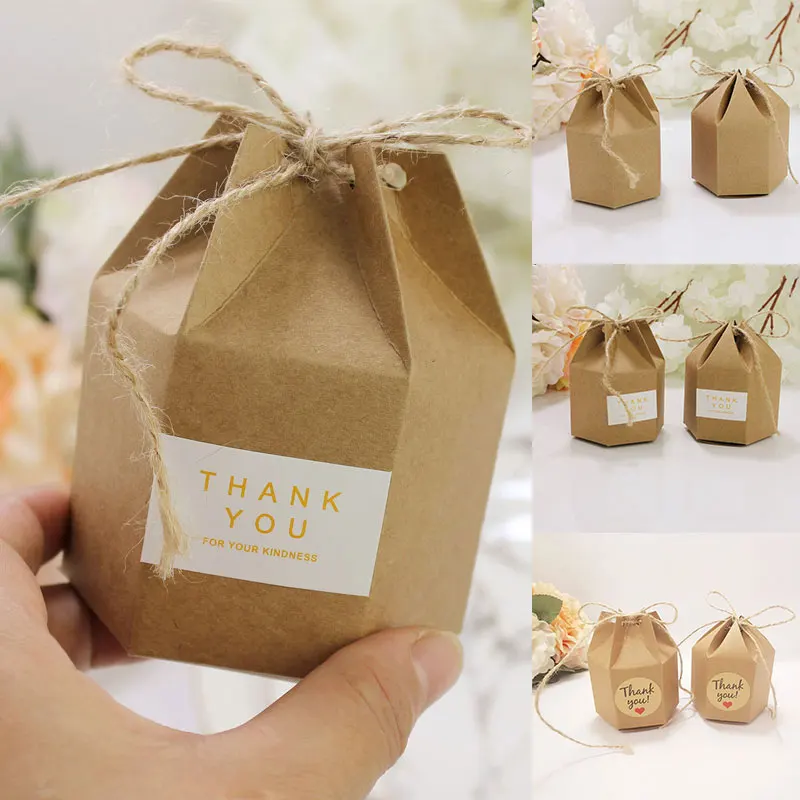 

50Pcs Kraft Paper Package Cardboard Box Lantern Hexagon Shape Candy Gift Boxes Kraft Paper Wedding Gift Packaging Boxes Bags