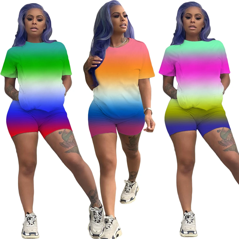 

Zh8505 European American spring and summer leisure fashion women's wear wish rainbow gradient positioning printing two piece set