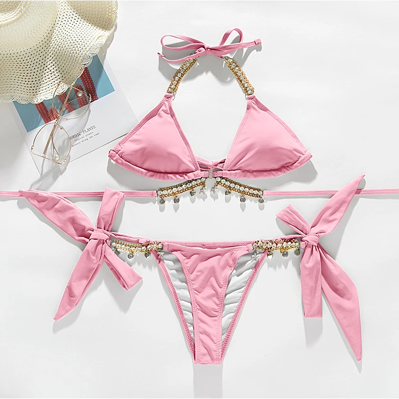

Fors Diamond triangle sexy micro bikini set Halter bandage swimwear women High cut lace up swimsuit female String bathing suit