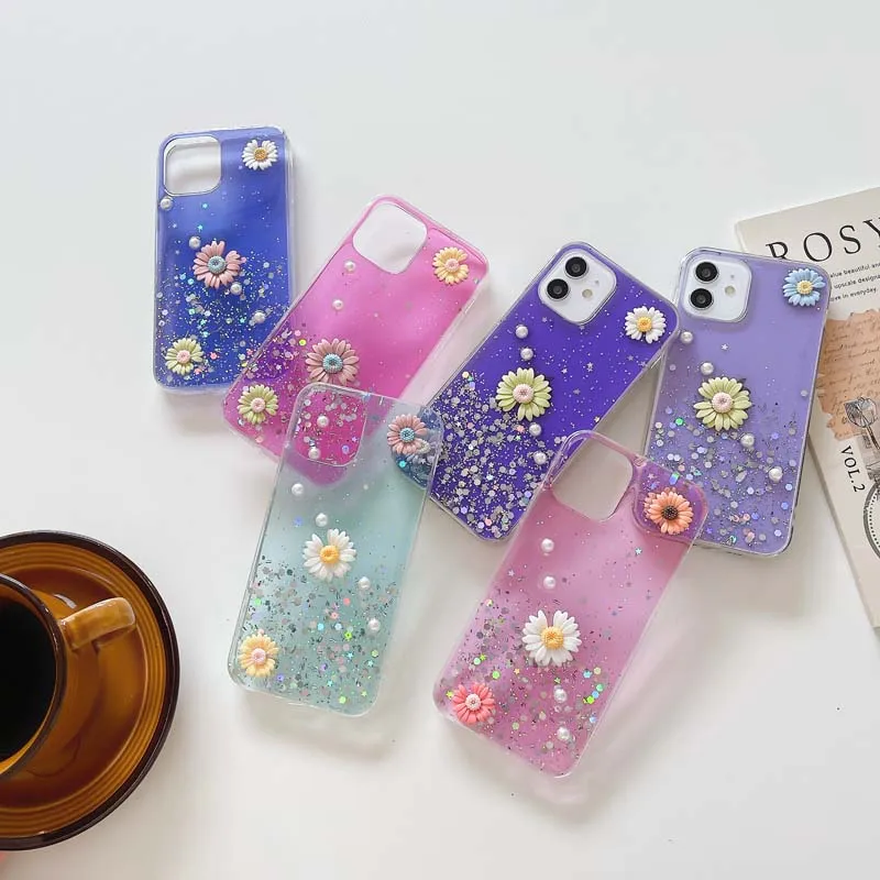 

Glitter Flower Case For iPhone 12 11 Pro Max Mini XS XR X 7 8 SE2 Cute Transparent Epoxy Soft TPU Pearl daisy Silicone Cover
