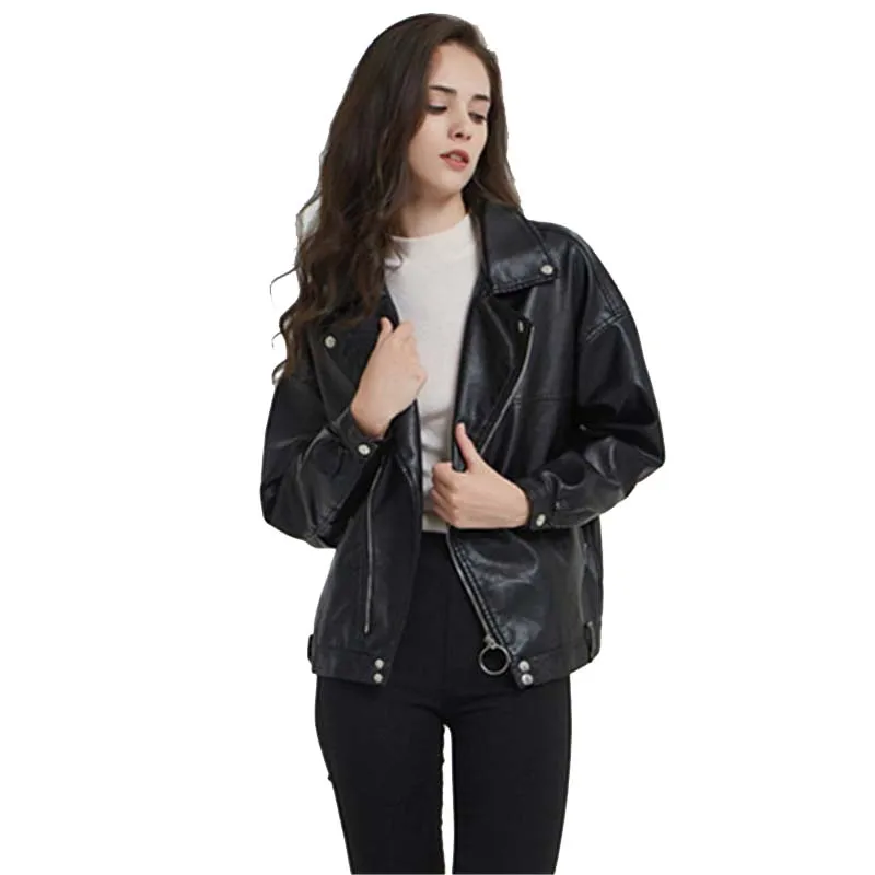 Boyfriend Style Black Faux Leather Biker Jacket for Women Cute Ladies Punk Rock Raglan Sleeve Slant Zipper PU Leather Jacket