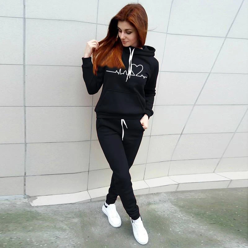 

2021 Autumn Winter Two Piece Set Femme Jogging Hoodies+Pants Printed Sportswear Suits Thicken Warm Sweatshirts Women Tracksuits