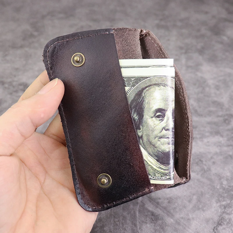 Retro Mini Original Leather Men Wrinkle Coin Purse Credit Cards Holder Genuine Leather Bifold Minimalist Short Wallet for Women