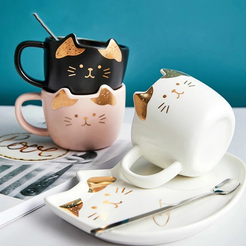 

200ML Cartoon Ceramics Cat Mug Set With Saucers Spoon Coffee Milk Mugs Cute Creative Breakfast Drinkware Birthday Gift Porcelain