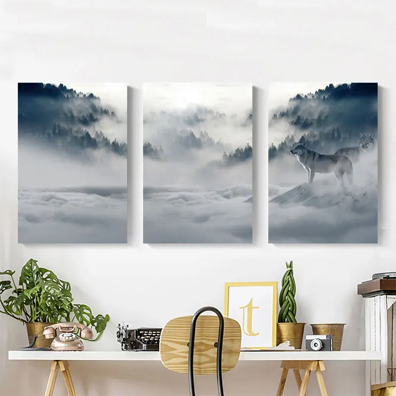 Картина на холсте настенная печать 3 шт. Лесной Волк пейзаж картина закат постеры