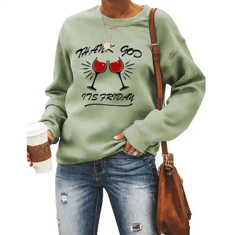 

Tops for Women Hoodie Wine Cup Print Letter Thank God Sweatershirt Fall Winter Casual Loose O Neck Wear Clothing