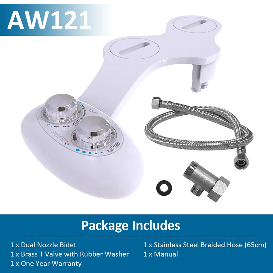 Dual Nozzle AW121 Atalawa неэлектрическое механическое биде туалетное крепление с самоочищающимся соплом металлический шланг латунный Т-адаптер, спрей для пресной воды - Цвет: Dual Nozzle AW121