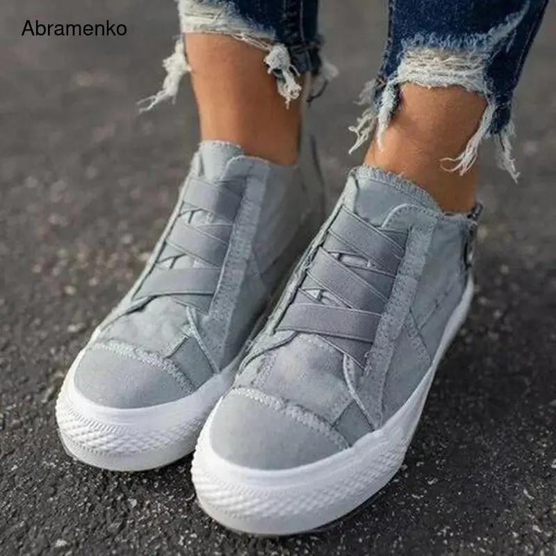 

Women Flat Denim Casual Shoes Canvas Espadrilles Slipony Solid Breathable Blue denim Zip accessories Shoes Plus Size 35-43