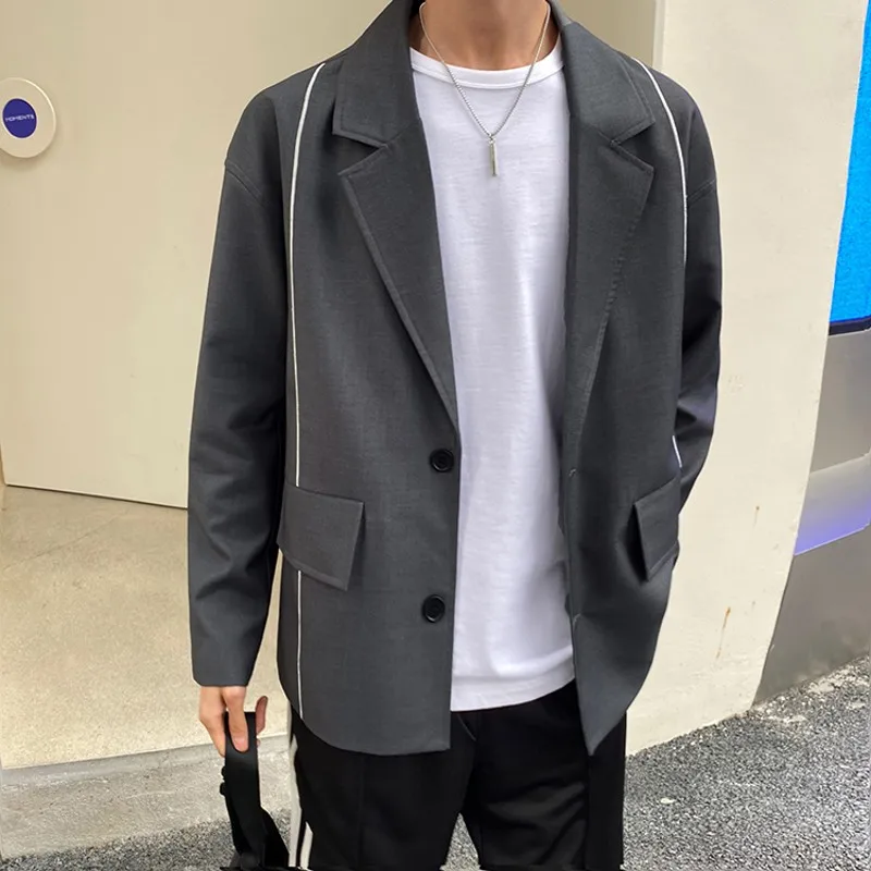 

Новинка 2021, оригинальный Повседневный блейзер для мужчин, однотонные Топы цвета хаки, черного, серого цвета, Мужская корейская модная одежд...