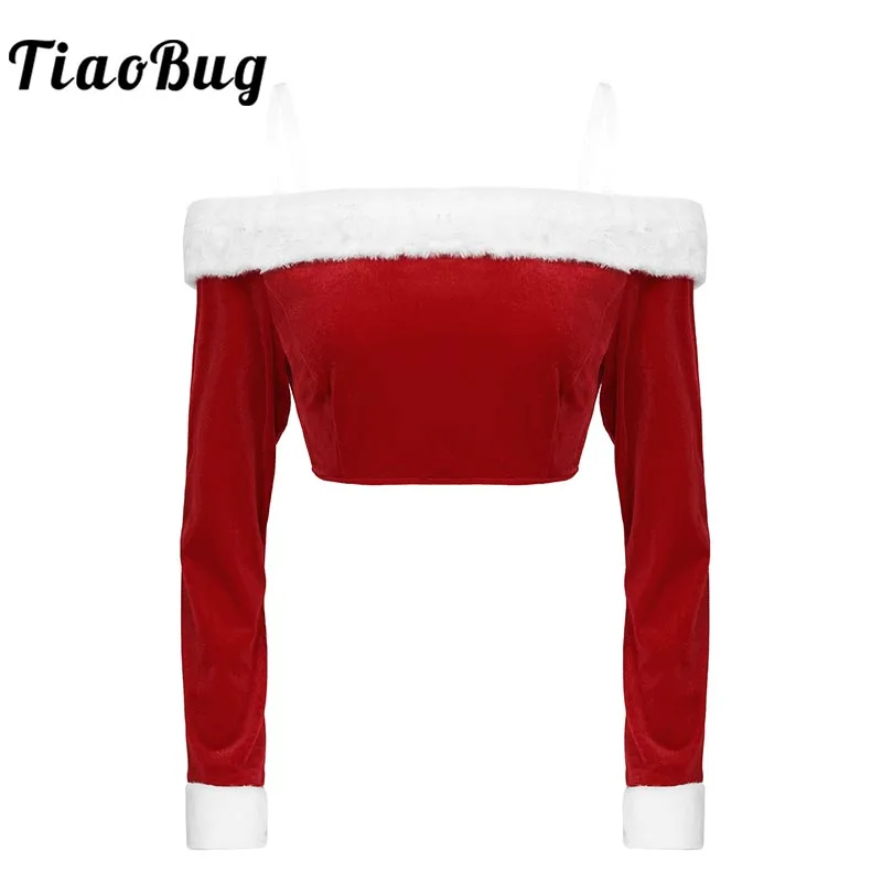

Red Velvet Off the Shoulder Long Sleeve Sexy Crop Top Women Xmas Clothes Festival Rave Mrs Claus Cosplay Party Christmas Costume
