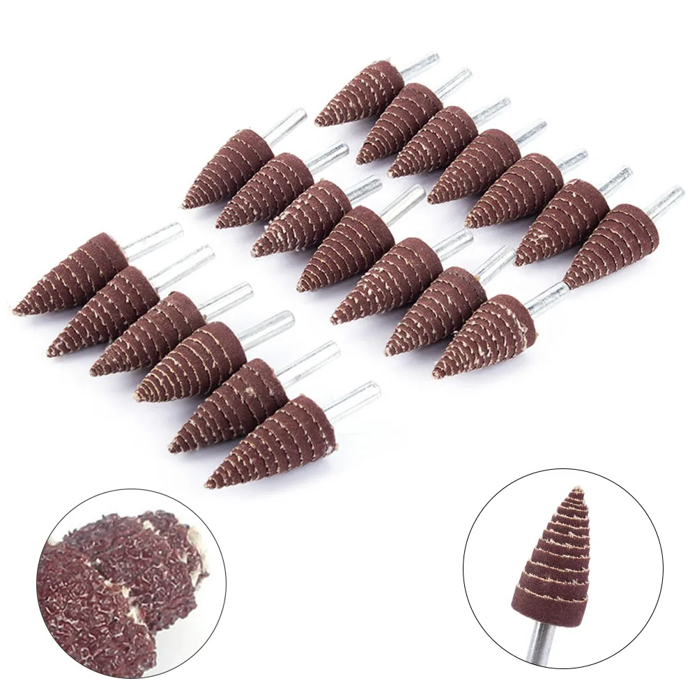 Шлифовальные головки конической формы с лепестками зернистости на полотне для полировки и шлифовки с насадкой на сверлильную машину с хвостовиком 3 мм.