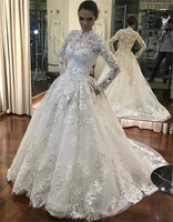 2021 new ball gown appliques lace wedding dress long sleeve high neck embroidery covered buttons robe de mariee vestido de novia