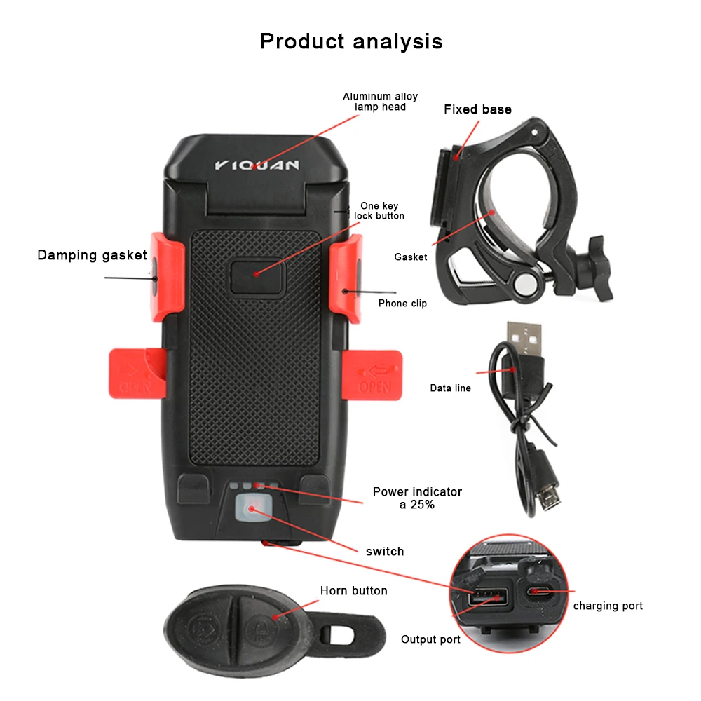 

USB Bicycle Front Light 4 in 1 Bicycle Light Mobile Phone Holder Bicycle Horn Mobile Power Flashlight Light waterproof Bicycle