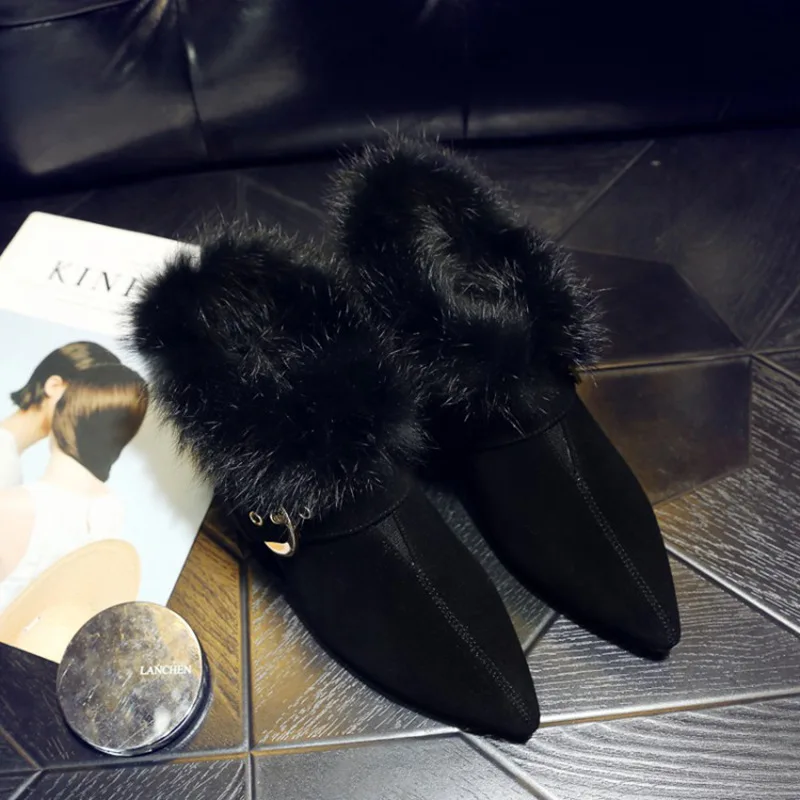 Тонкие Туфли с глубоким носком Новинка сезон осень-зима женская обувь на меху