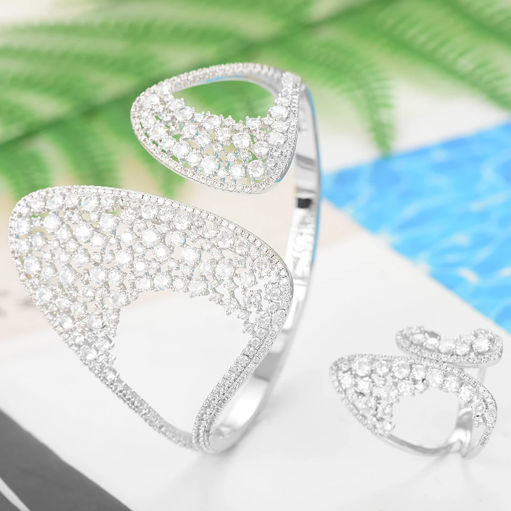 

LARRAURI Fashion Dubai Silver Bridal Jewelry Set Luxury African Cuff Bangle Ring Set For Women Wedding Accessory