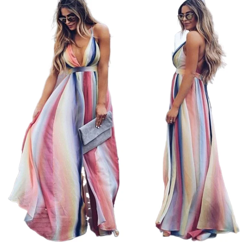 

Шифоновое цельнокроеное платье без рукавов с V-образным вырезом и радужным принтом