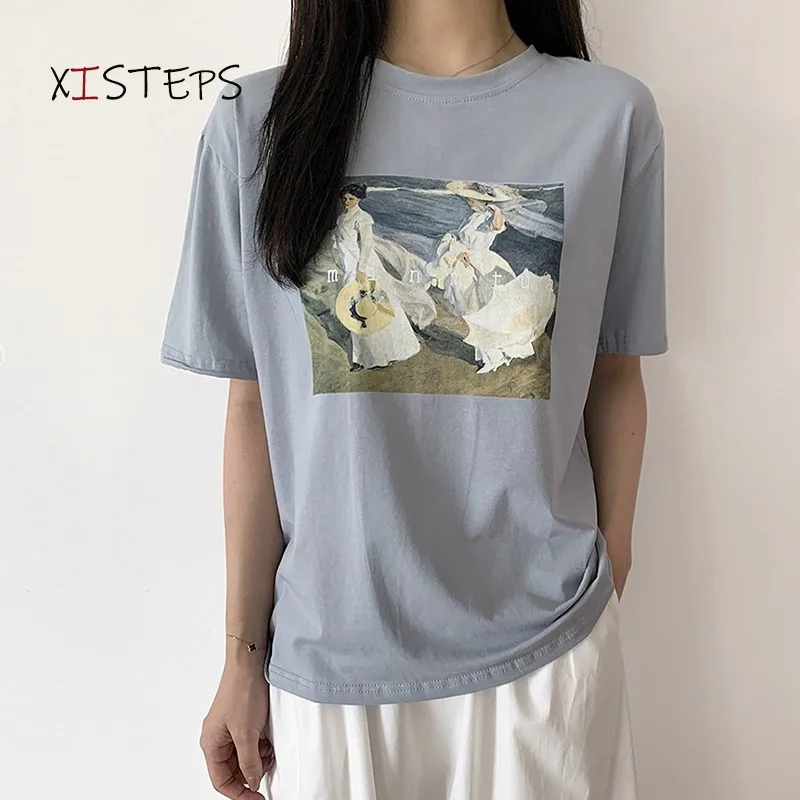 Women Summer Loose Tees Ladies Oil Painting T-shirts Short Sleeve Soft Tops Harajuku Ropa Mujer Blue White Womens Clothings