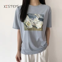women summer loose tees ladies oil painting t shirts short sleeve soft tops harajuku ropa mujer blue white womens clothings