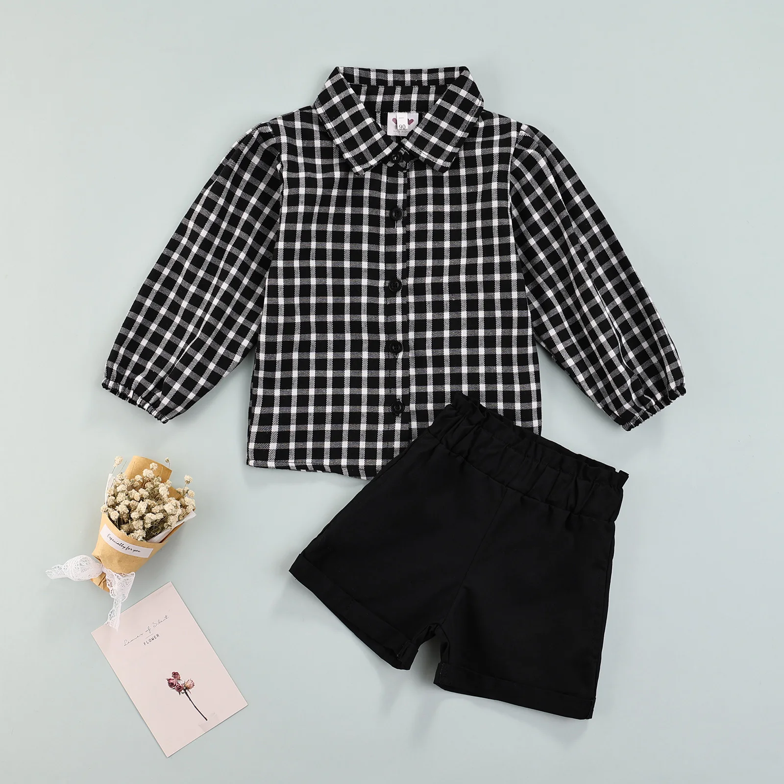 

Spring Autumn 2Pcs Infant Baby Girls Casual Outfits Toddlers Button-down Long Sleeve Lapel Plaid Shirt Solid Color Shorts 1-6Y