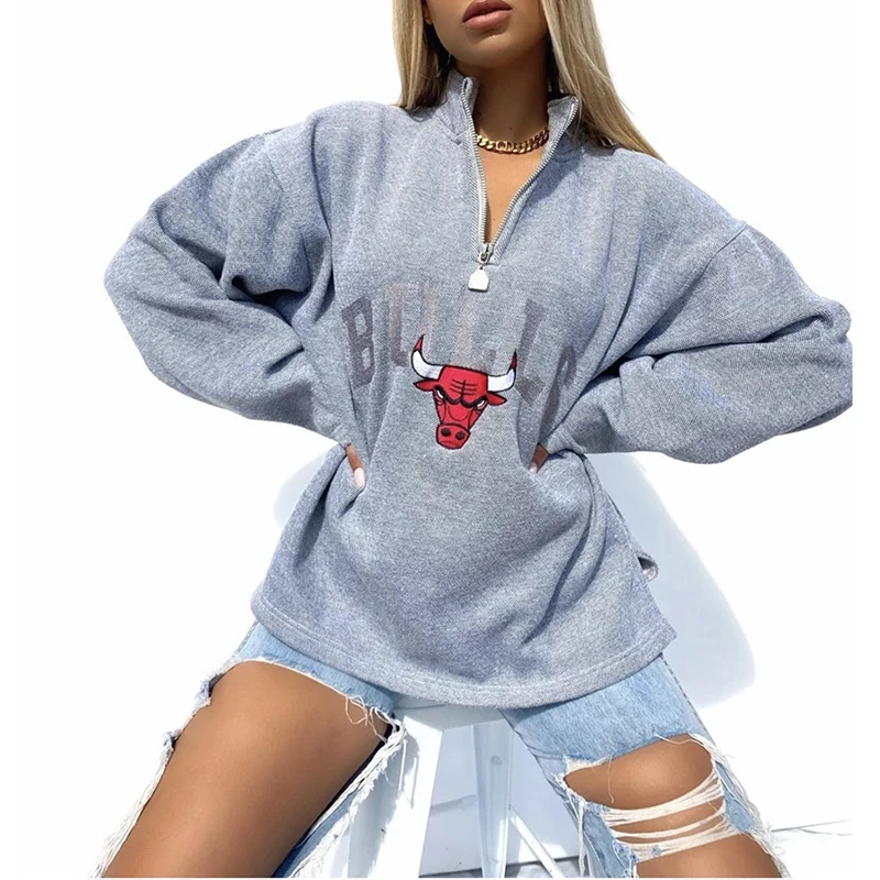 

Gray Letter Print American Stylish Hip Hop Sweatshirt Women Casual Sports Girls New Brand Designer Plus Size American Fashion BF