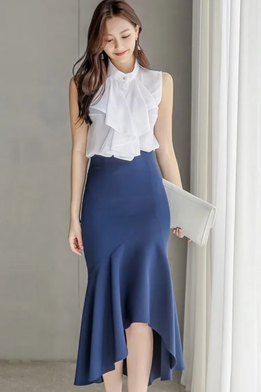 

2021 spring and summer women's sexy fishtail skirt + slim ruffled fashion shirt top suit