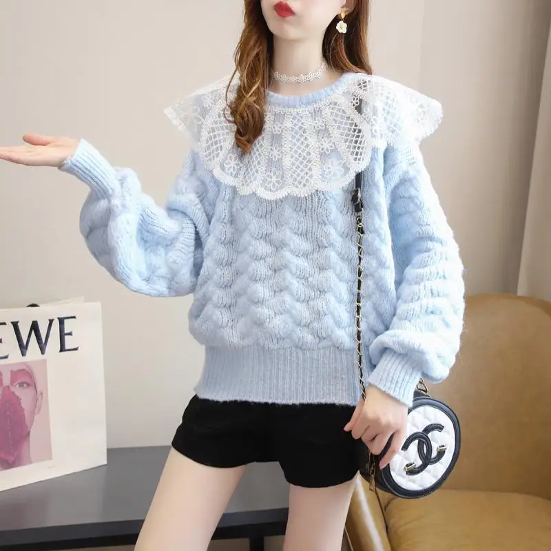 

Новинка 2021, Женский Осенний кружевной свитер в стиле пэчворк, женский свободный джемпер с длинным рукавом, повседневные женские однотонные ...