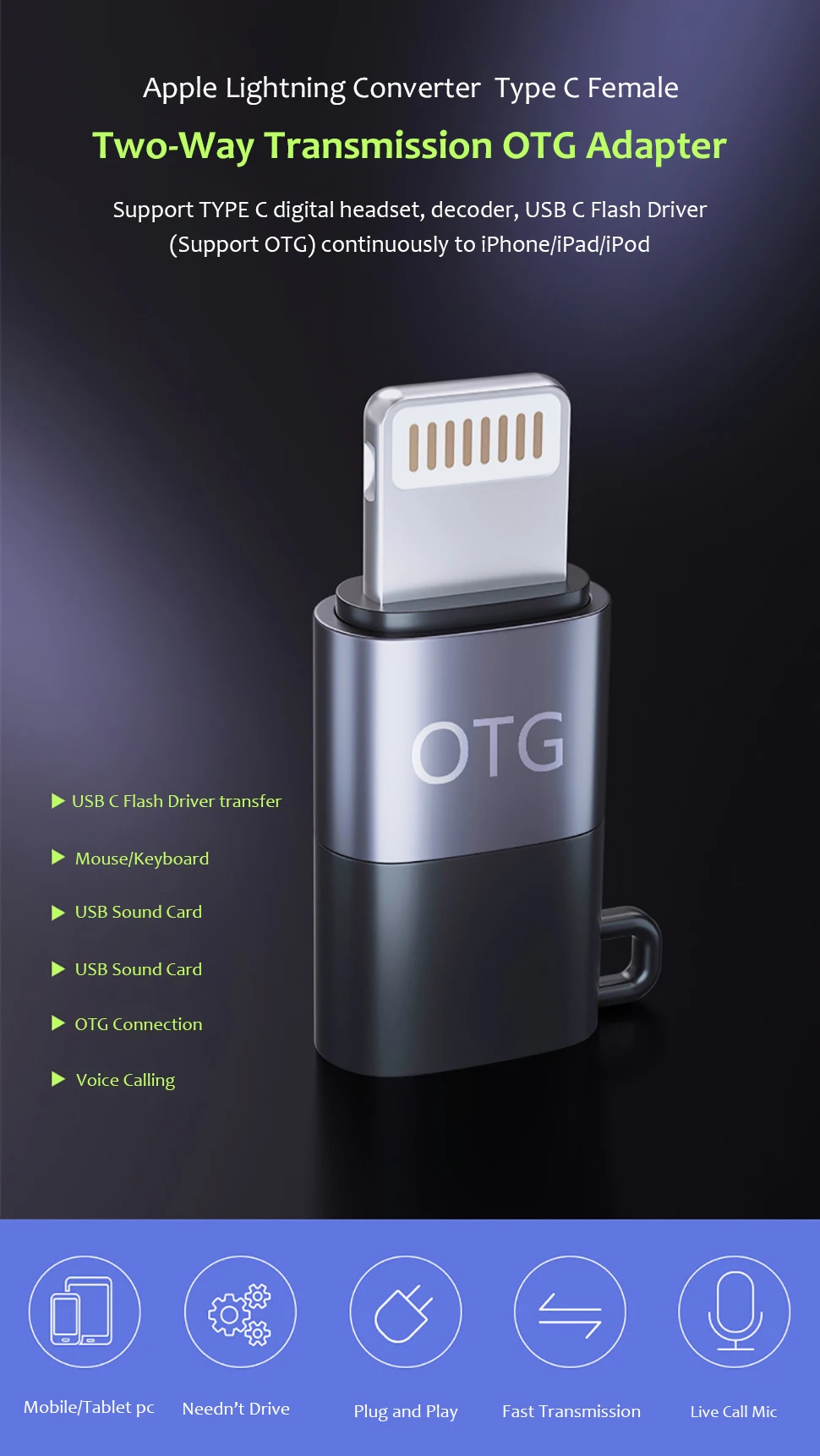 OTG Adapter USB-C Female to Lightning Male,Type-C Digital Headphone DAC Converter for iPhone 13 12 11 Pro Max iPad USB Drive
