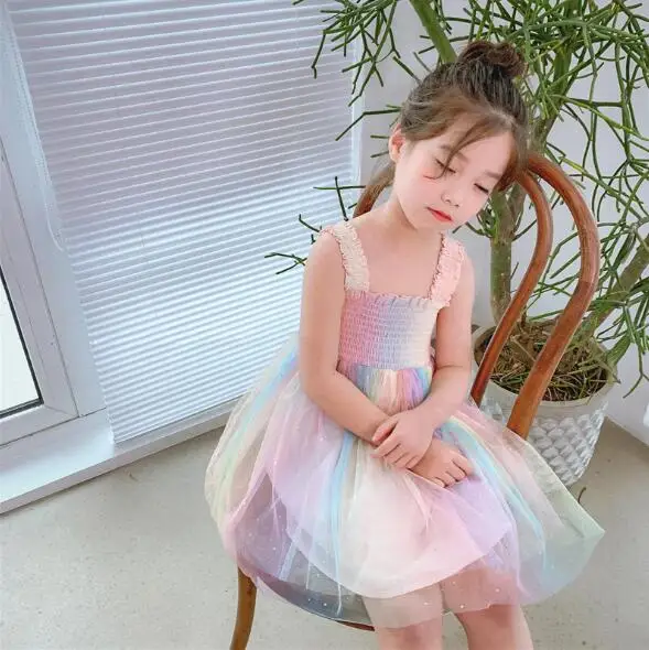 

Cultiseed Girls Sweet Cute Rainbow Mesh Princess Party Dress Children Spaghetti Strap Pleated Dress Kids Holiday Casual Dresses