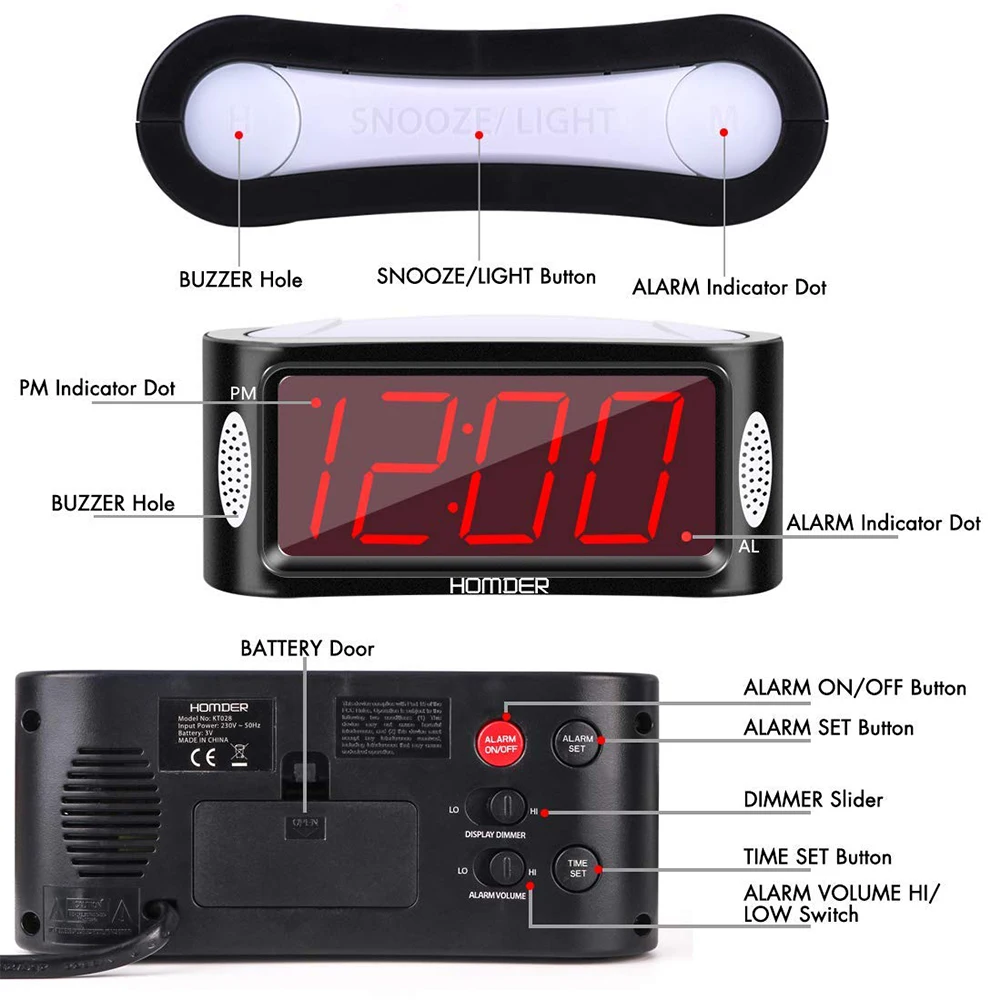 

UK/EU Plug Digital LED Alarm Clock With Dimmer And Snooze 2 Level Alarm Volume Digital Display Bedside Clocks Decoration Clock