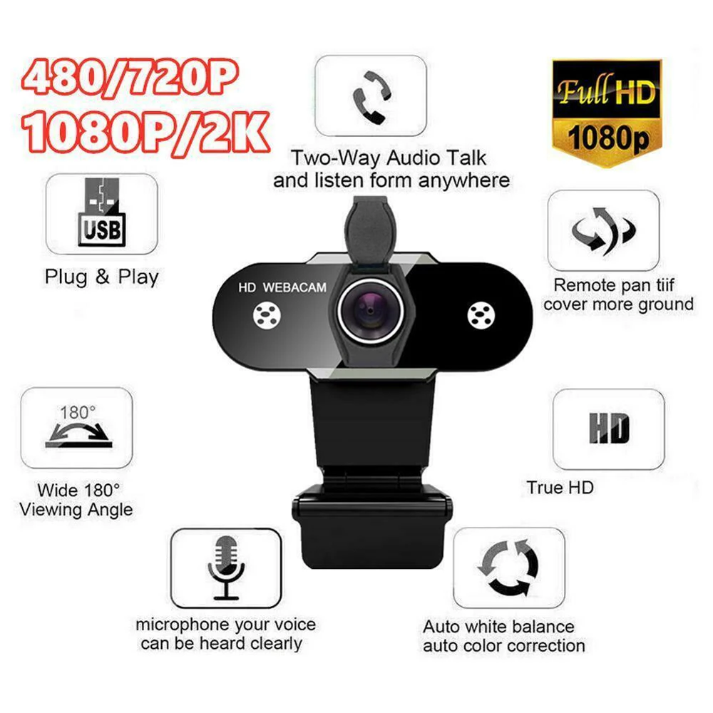 

USB HD Webcam Cover 1080P 2K Web Camera with Microphone for PC Computer Camera for YouTube Video Web Cam for Twitch Streaming