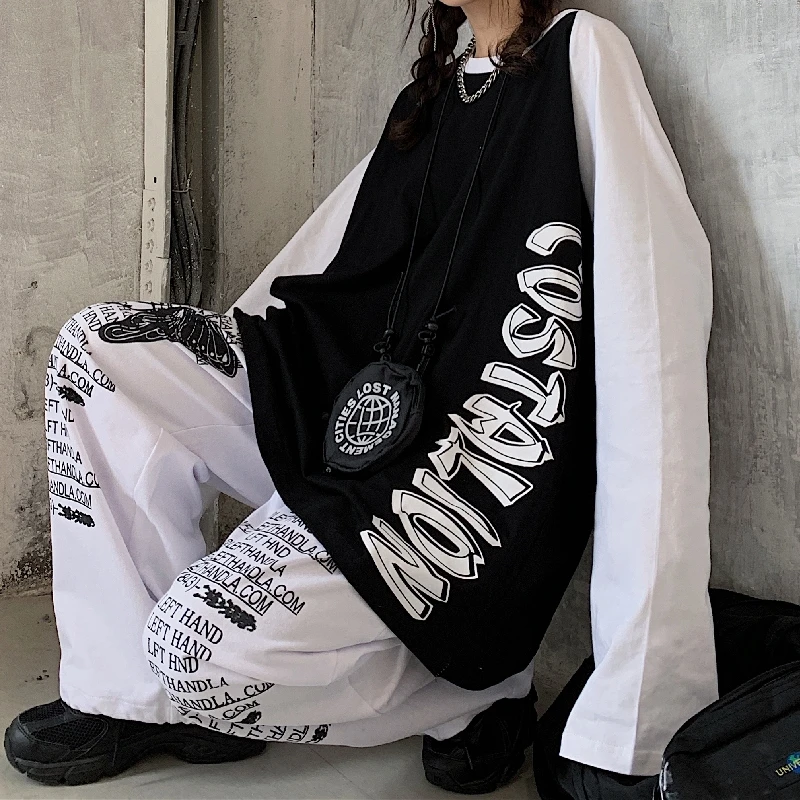 

Harajpoo Women T-Shirt 2021 Spring Korean INS Girl Harajuku Retro Letter Printing Stitching Color Contrast Long-Sleeved Pullover