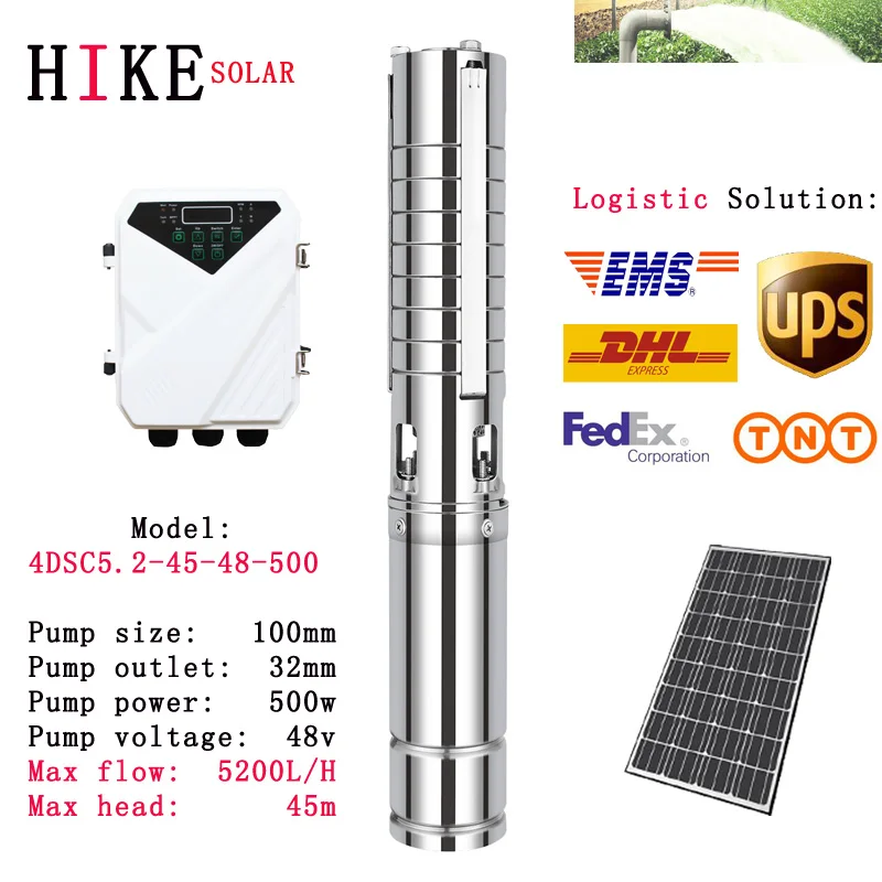 

Hike Solar Equipment Special Water Pump 48V 500W MPPT Controller SS304 Impeller Submersible Borehole (Max Head 45m, Flow 5.2T/H